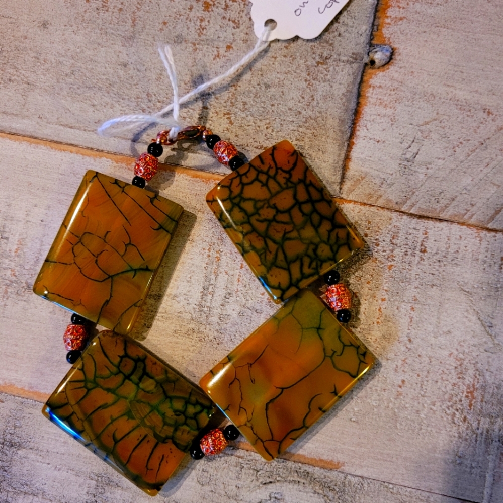 NWT Green, Fire-cracked Agate,Onyx & Copper 10" bracelet